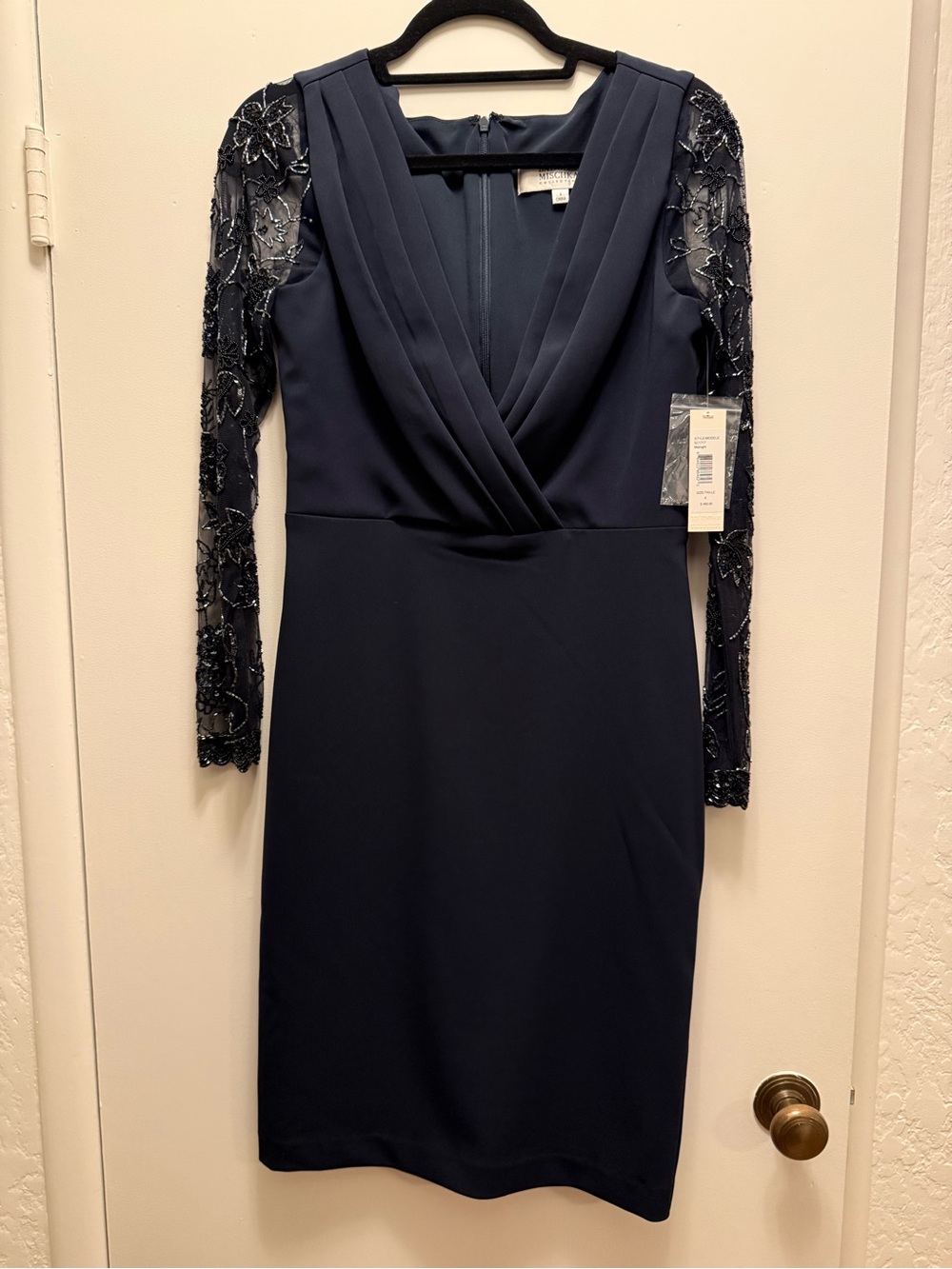 NWT Badgley Mischka Navy V-Neck Sheath Dress with Beaded Illusion Sleeves